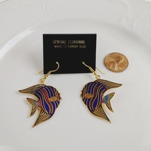 Vintage Cloisonne Angel Fish Blue Red Earrings
